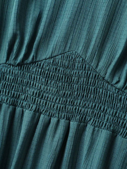 Textured Shirred-Waist Adjustable Pockets Midi Dress