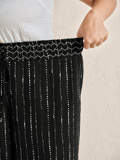Striped Print Shirred Waist Wide-Leg Pants