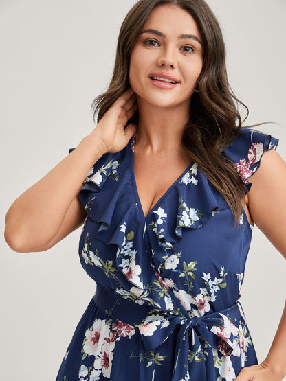 Floral Belted Waist Ruffled Pockets Midi Dress
