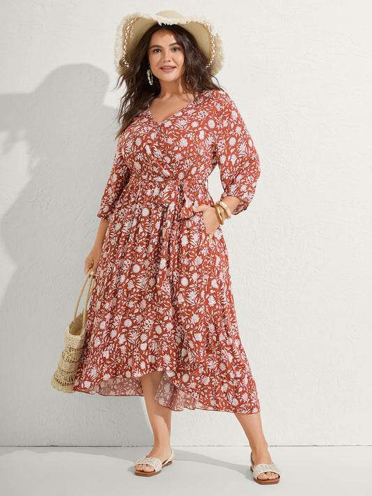 Rayon Silhouette Flower Side-Tie Midi Dress