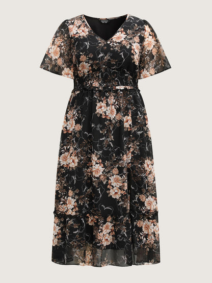 Chiffon Floral Print Tiered Slit Midi Dress