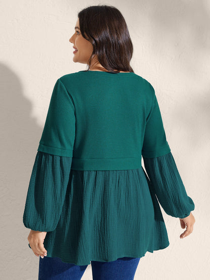 Waffle Grid Button Detail Spliced Sweatshirt