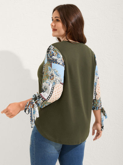 Boho Print Ribbed Sleeve Tie Sweatshirt