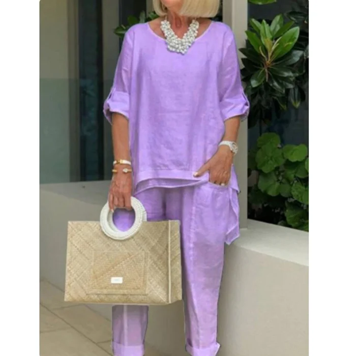 Women's Casual Solid Linen Sleeve Top Slacks Suit