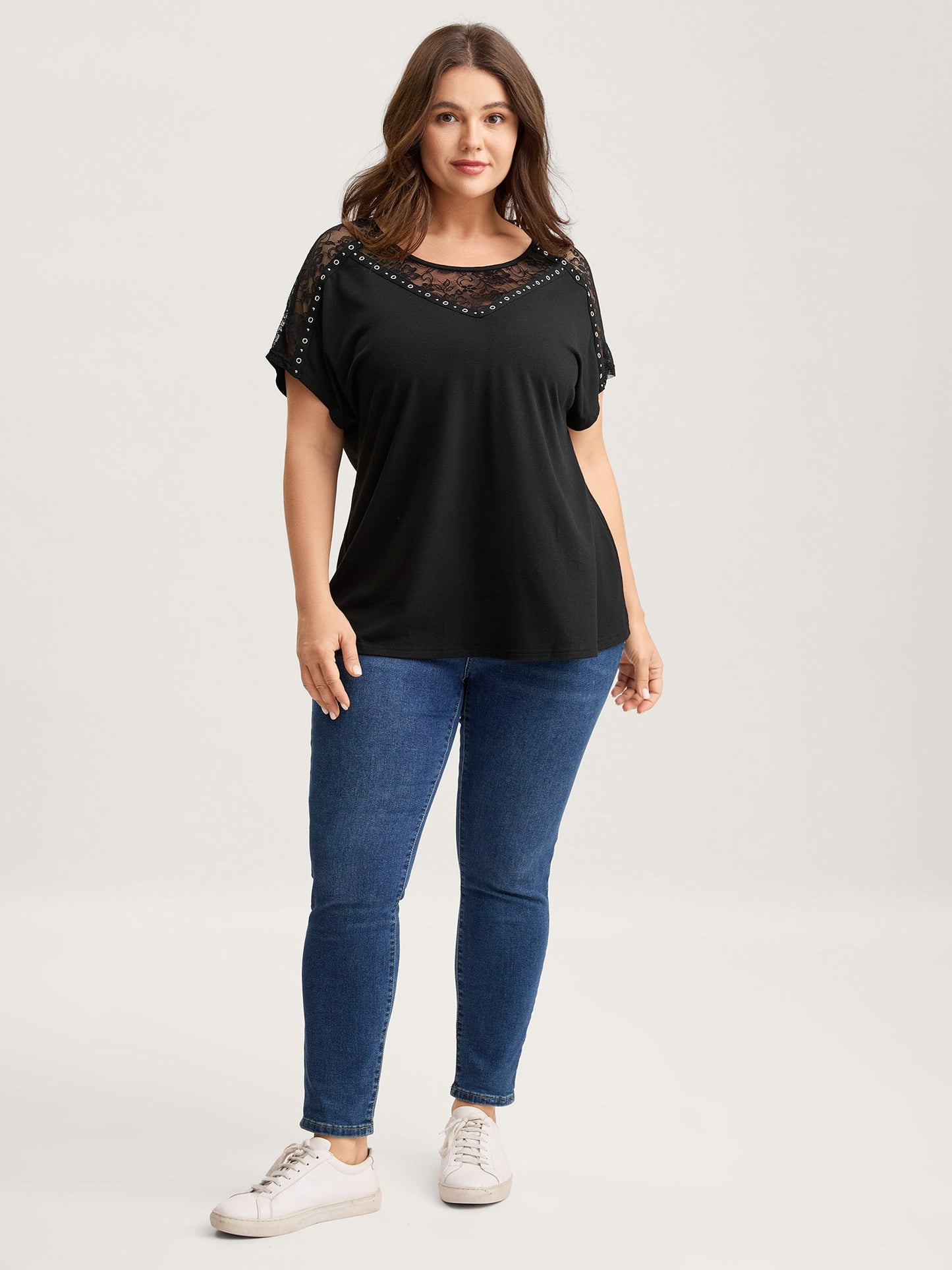 Lace Trim Sheer Solid T-Shirt