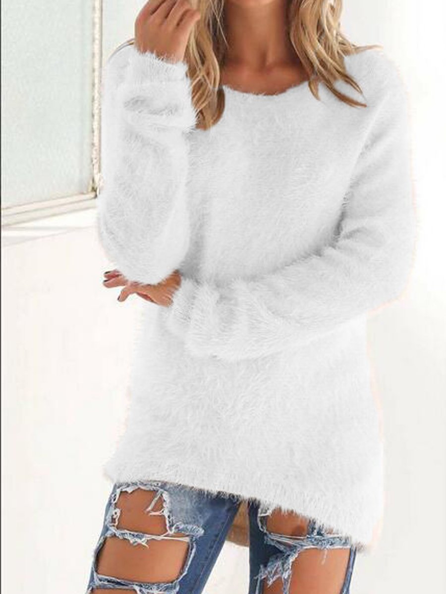 Round Neck  Asymmetric Hem  Sweaters