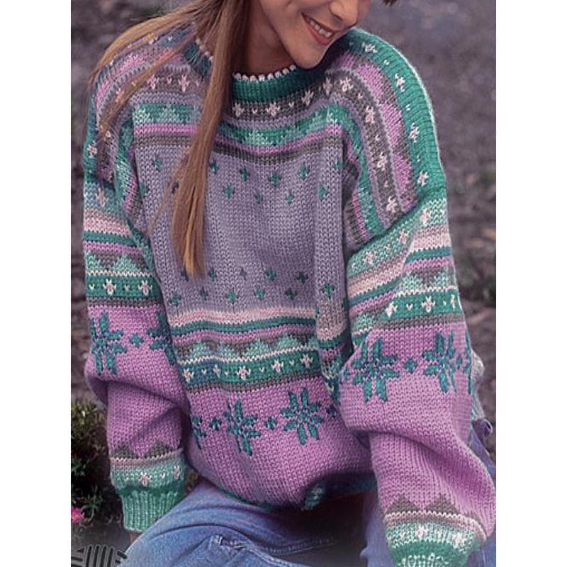 Printed Stitching Round Neck Sweater