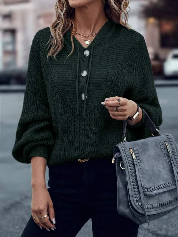 Half Button Drawstring Hooded Drop Shoulder Sweater