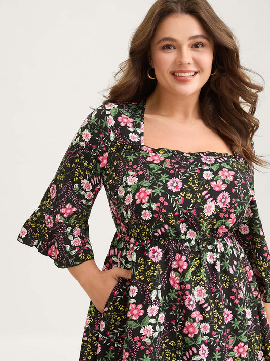 Floral Ruffled Square Neck Midi Dress