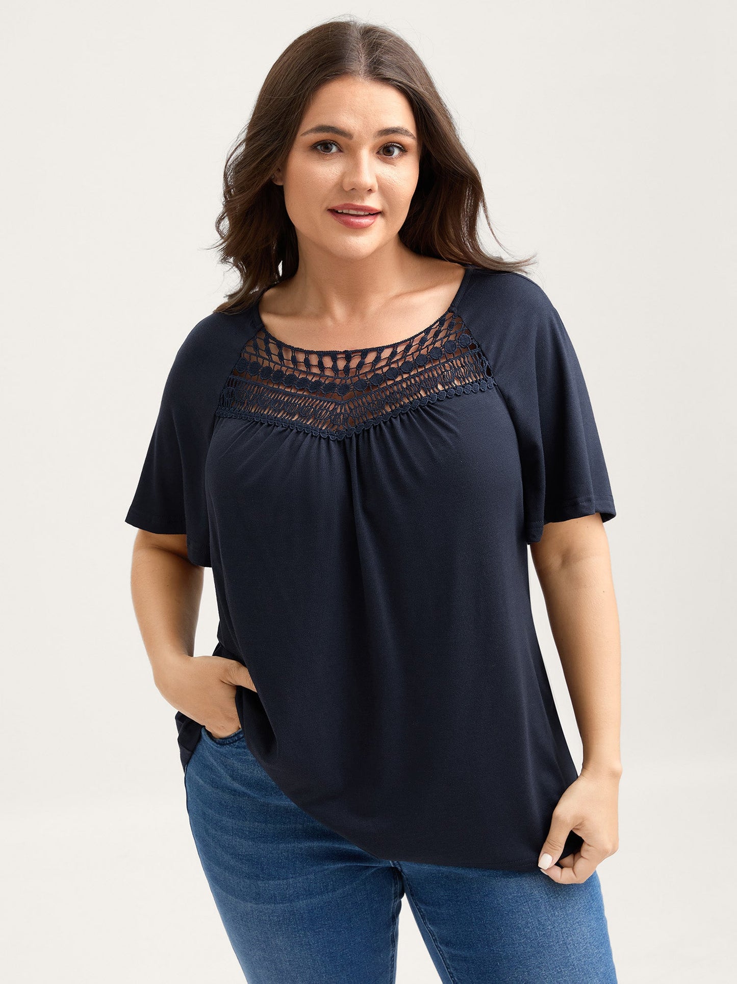Neckline Sheer Lace Neck T-Shirt