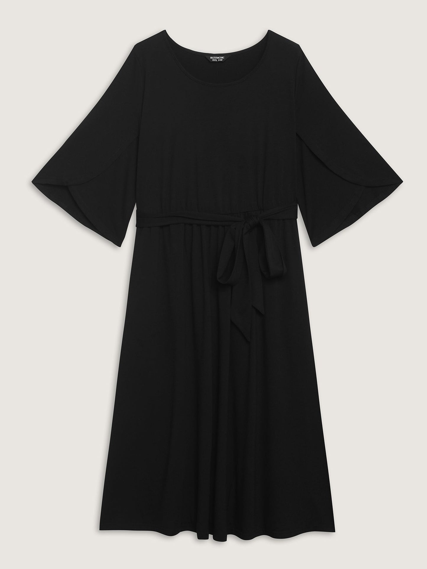 Petal Sleeve Belted Waist-Defining Midi Dress