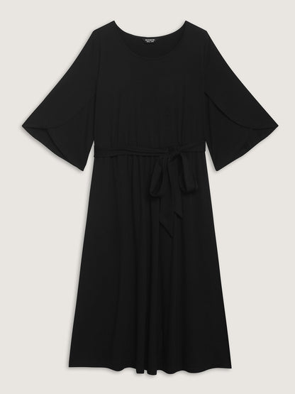 Petal Sleeve Belted Waist-Defining Midi Dress