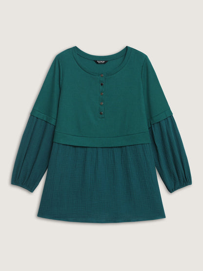 Waffle Grid Button Detail Spliced Sweatshirt