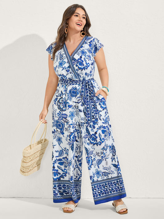Boho Print Surplice Neck Belted Jumpsuit