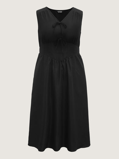 Bow Tie Drop Waist Shirred Midi Dress