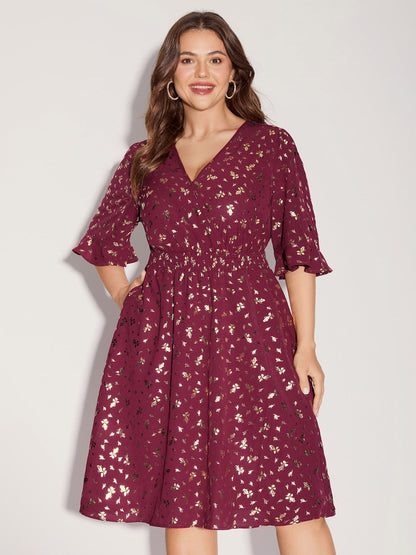Gold-Foil Shimmery Shirred-Waist Midi Dress