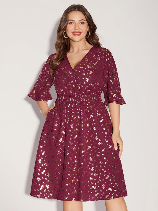 Gold-Foil Shimmery Shirred-Waist Midi Dress