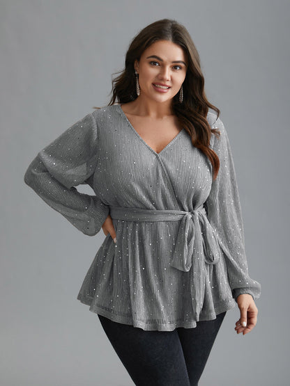 Sequin Mesh Lantern Sleeve Wrap Belted Striped Blouse