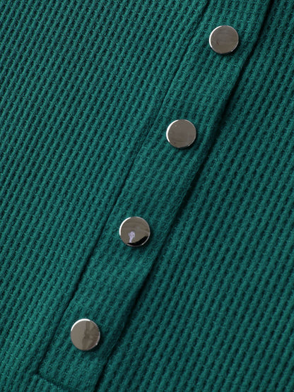 Waffle Grid Button Detail Spliced Sweatshirt