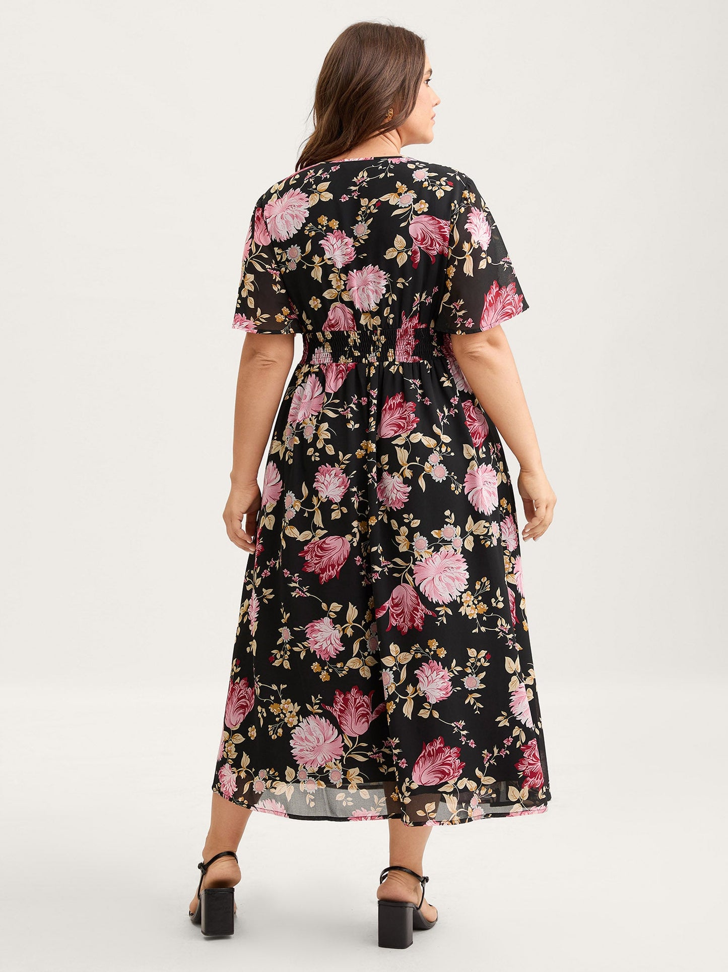 Sweet Floral Shirred Waist Cinched Midi Dress