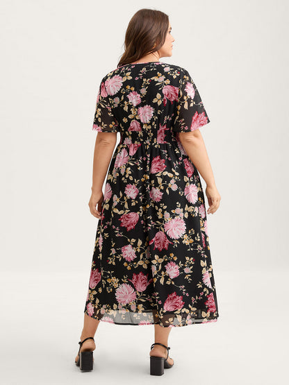Sweet Floral Shirred Waist Cinched Midi Dress