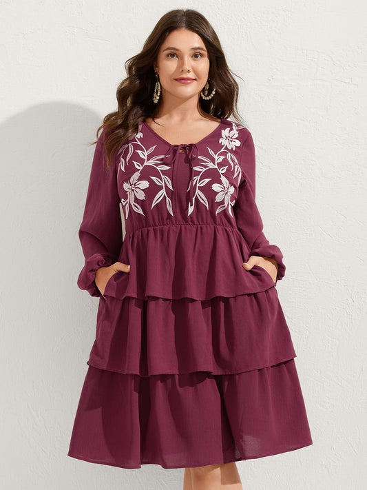 Floral Embroidery Pockets Layered Midi Dress