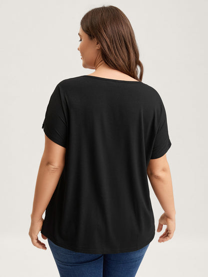 Lace Trim Sheer Solid T-Shirt