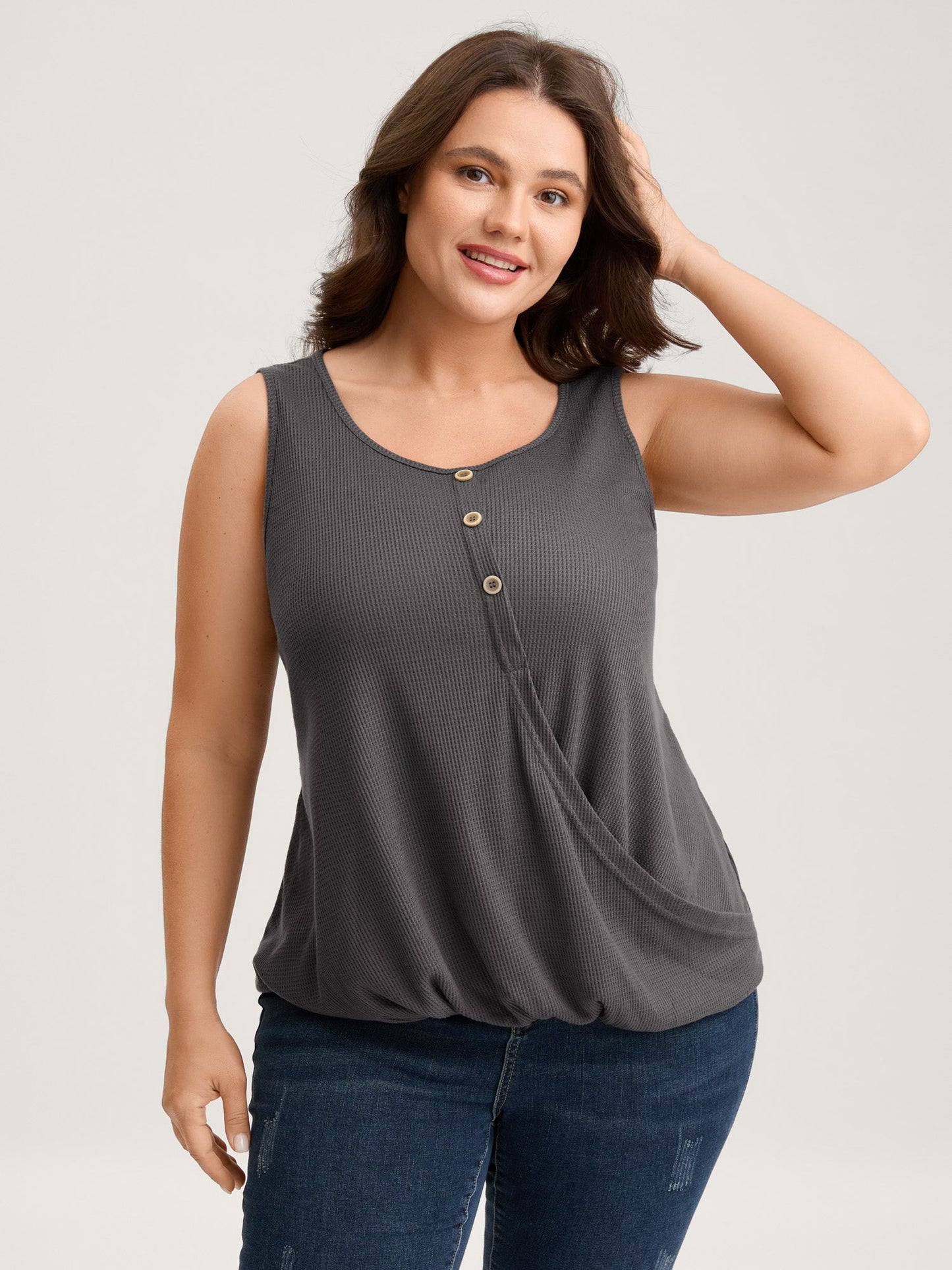 Waffle Bubble Hem Buttons Tank Top