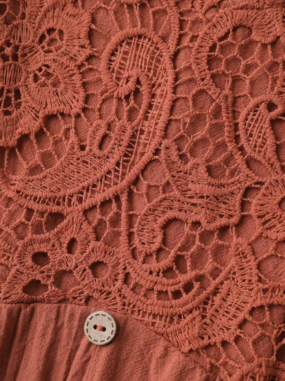 Lace Bodice Puffy Sleeve Button Midi Dress