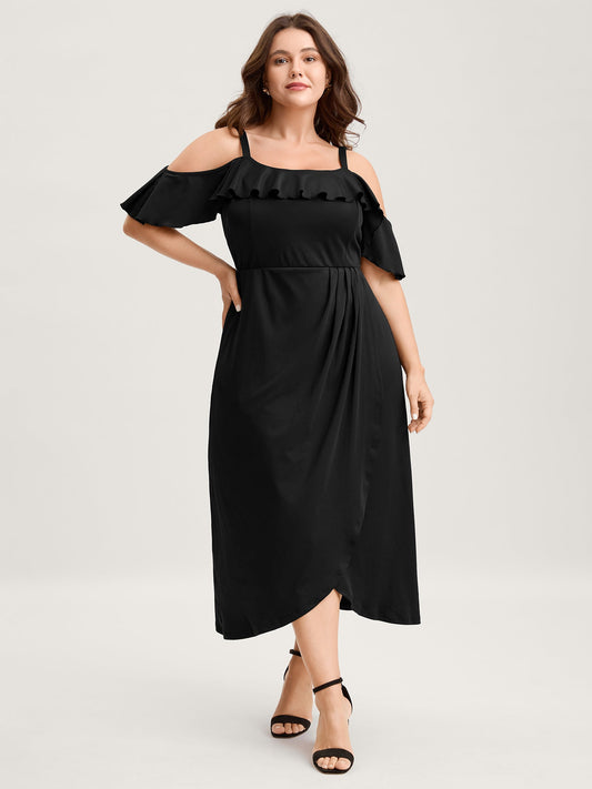 Pleated Ruffled Off-Shoulder Midi Dress