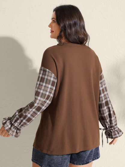 Textured Plaid Print Neck-Tie Sweatshirt