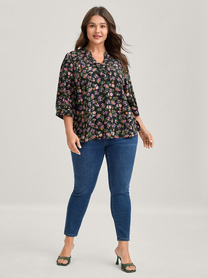 Floral Print Ruffled Neckline Flowy Blouse