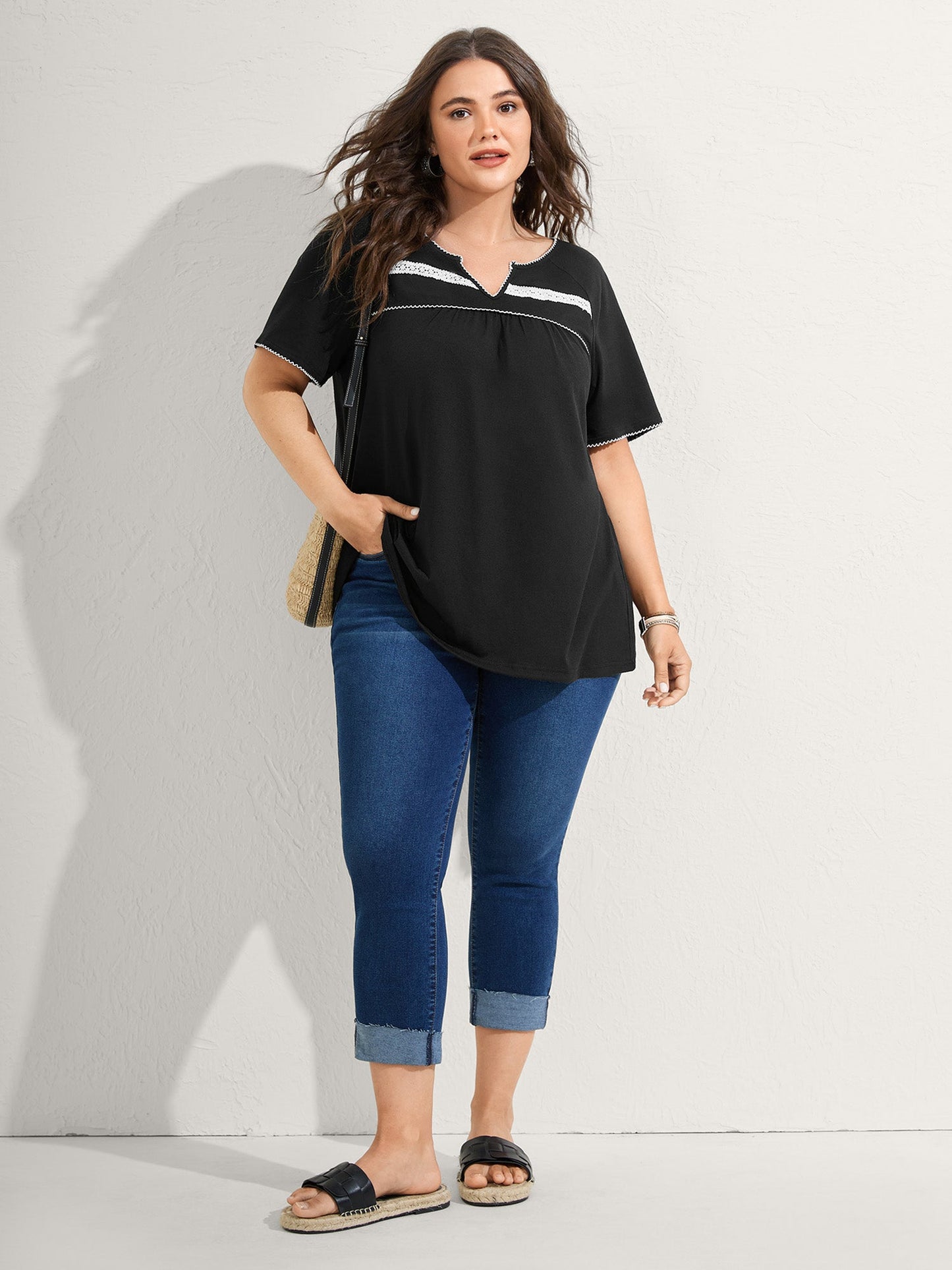 Lace Color Contrast Pleated T-Shirt