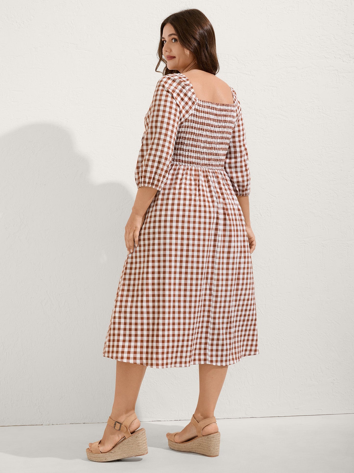Gingham Print Shirred Bodice Knot Midi Dress