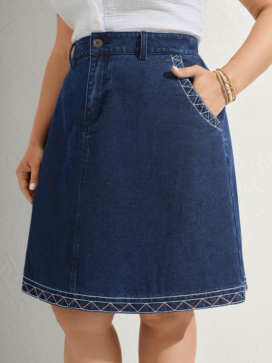Geometric Embroidered Hem Mini Denim Skirt