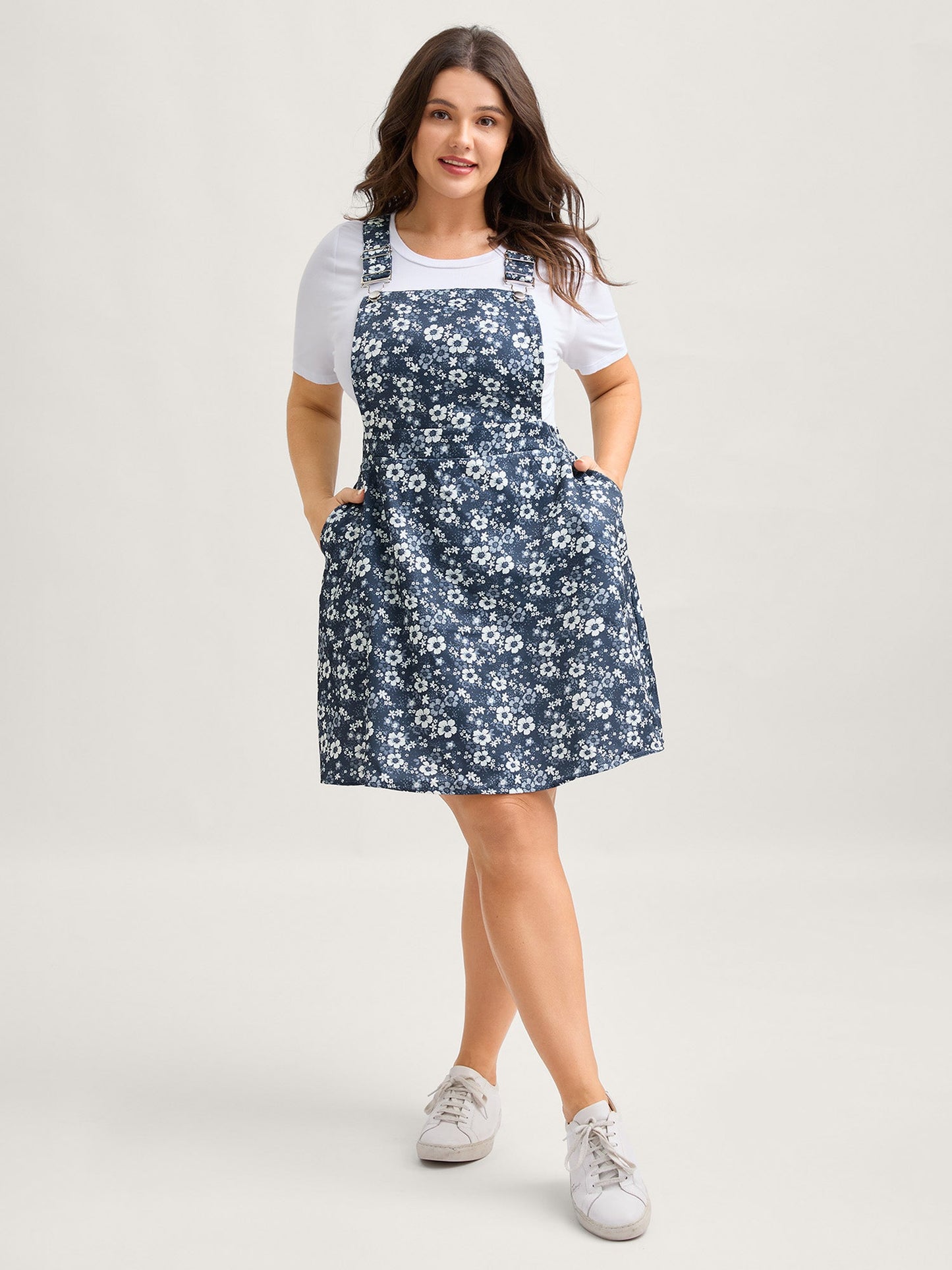 Floral Overall Straps Stretchy Waist Midi Dress