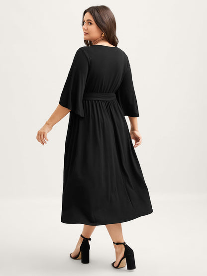 Petal Sleeve Belted Waist-Defining Midi Dress