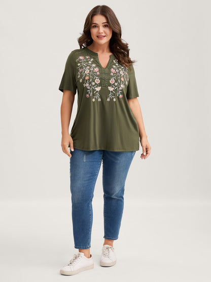 Floral Embroidery Lace Trim T-Shirt