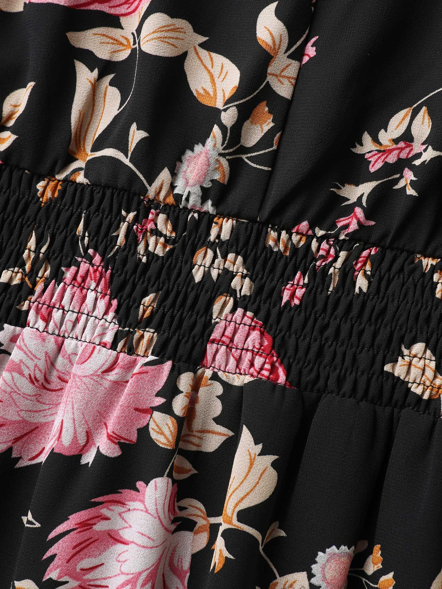 Sweet Floral Shirred Waist Cinched Midi Dress