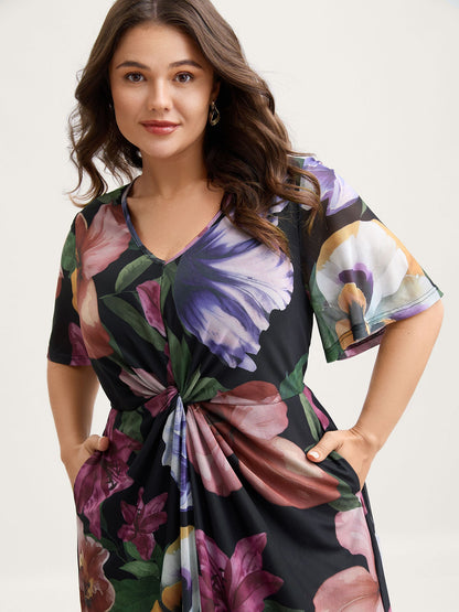 Large Floral Print Twist Front Midi Dress