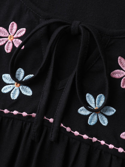 Floral Neck Embroidery Flowy T-Shirt