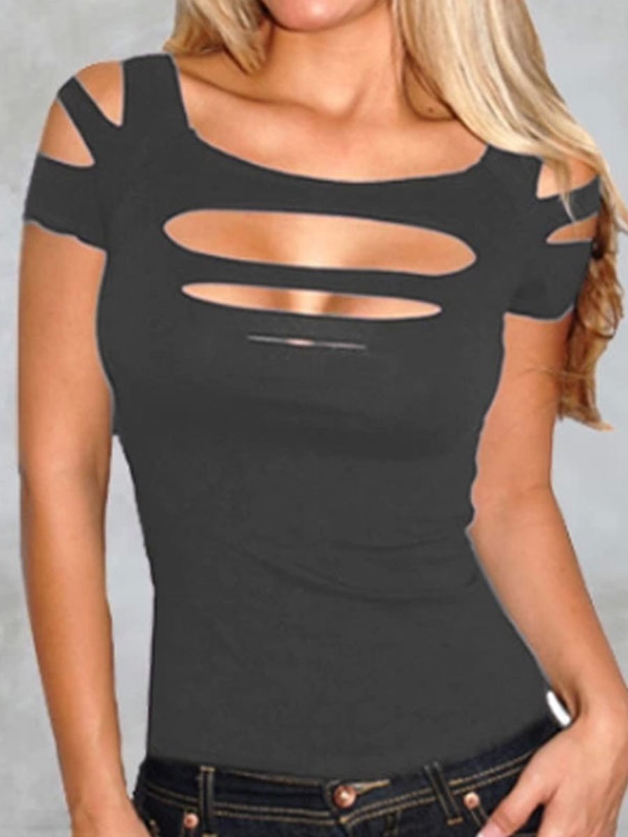 Open Shoulder Round Neck  Hollow Out Plain Tops