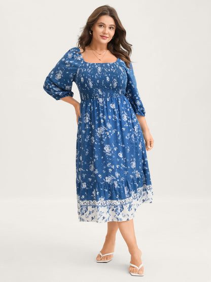 Rosy Print Shirred Bust Pockets Midi Dress