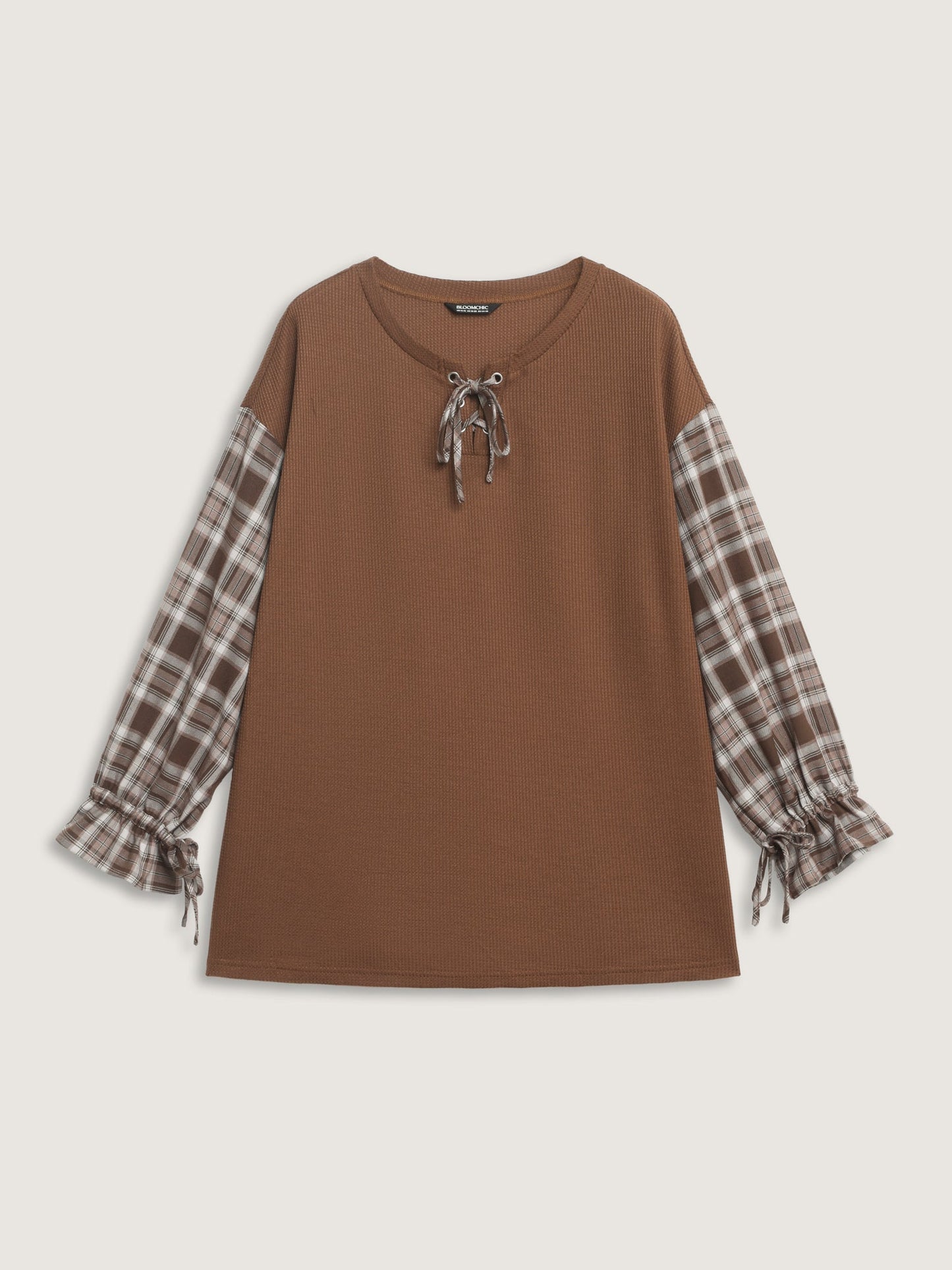 Textured Plaid Print Neck-Tie Sweatshirt