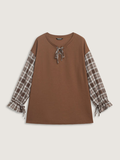Textured Plaid Print Neck-Tie Sweatshirt