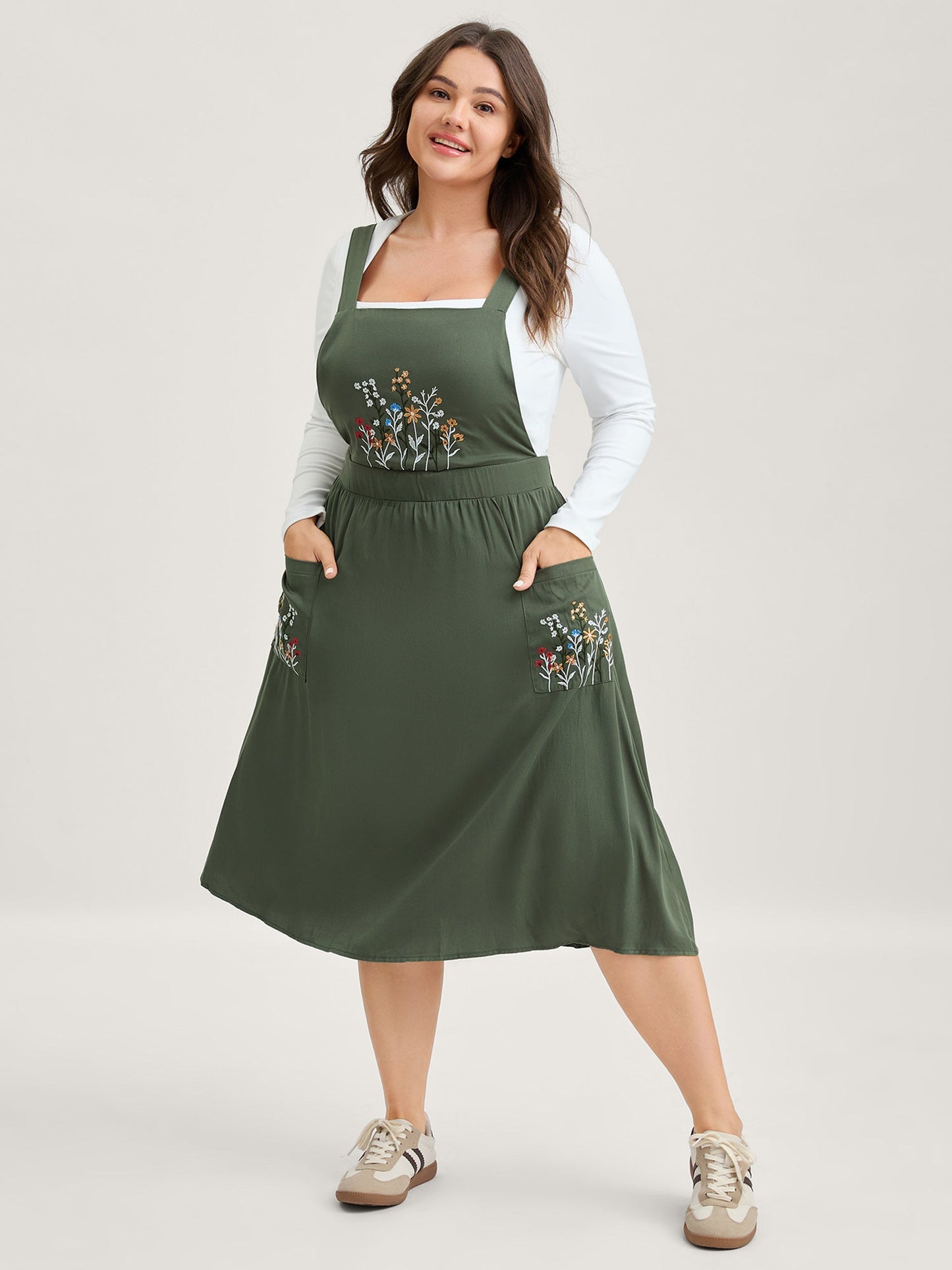 Rayon Floral Embroidery Stretchy Waist Midi Dress