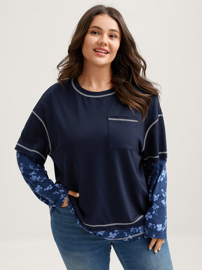 Patchwork Sleeve Floral Spliced Sweatshirt
