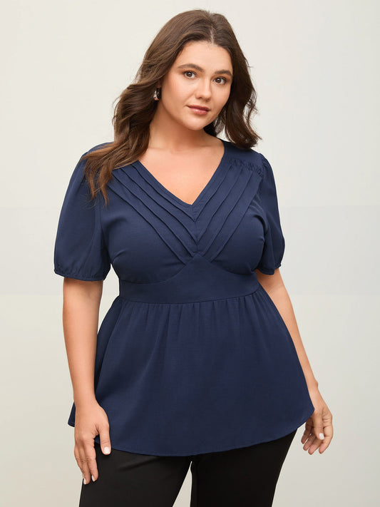 Lace Plicated Detail Cinched Flared Blouse