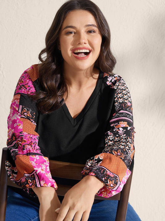 Floral Patchwork Sleeve Solid Sweatshirt