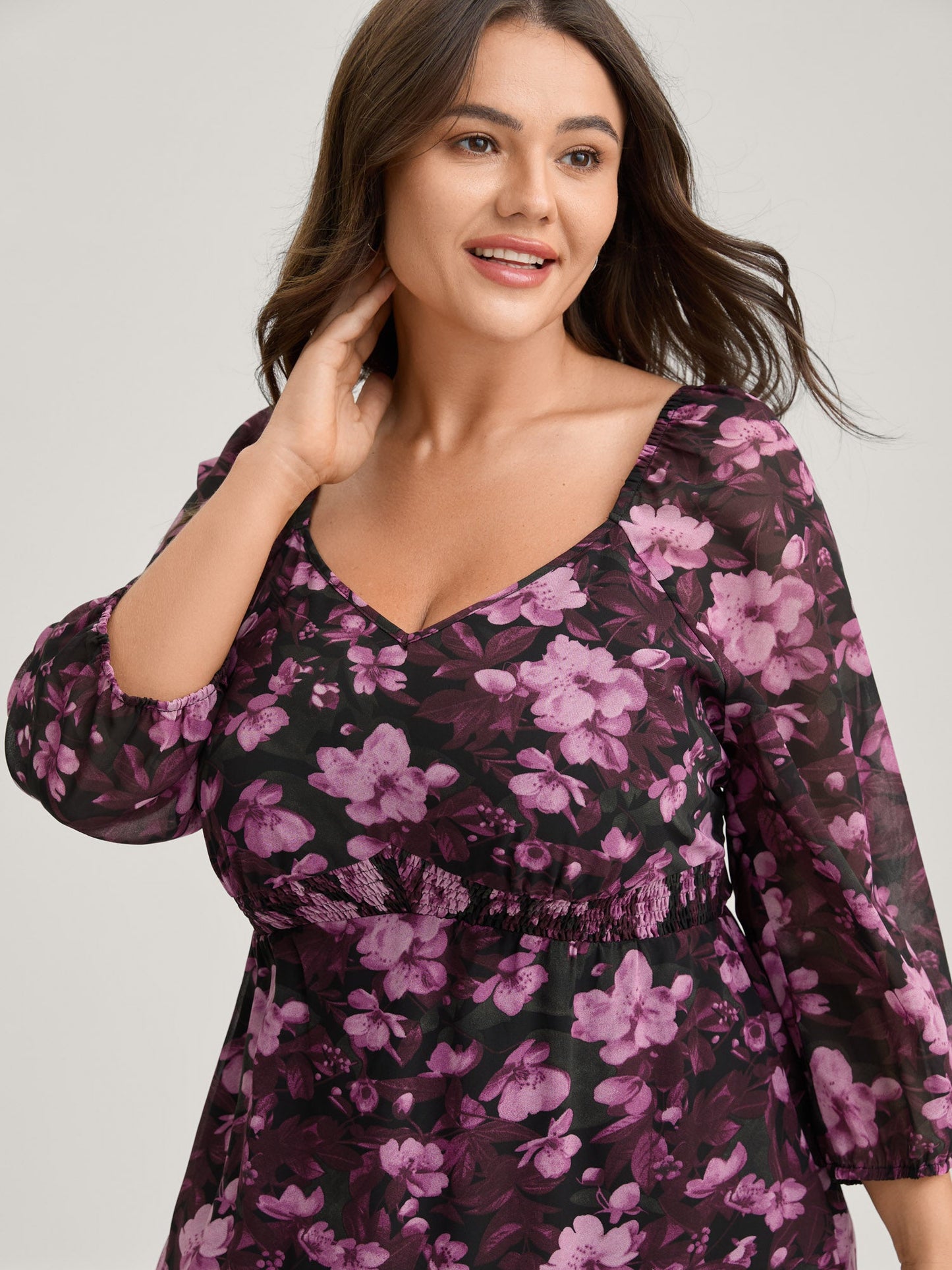 Large Floral Print Shirred Waist Midi Dress